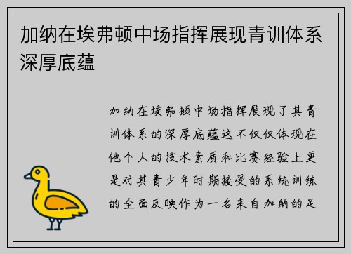 加纳在埃弗顿中场指挥展现青训体系深厚底蕴 加纳在埃弗顿中场指挥展现青训体系深厚底蕴