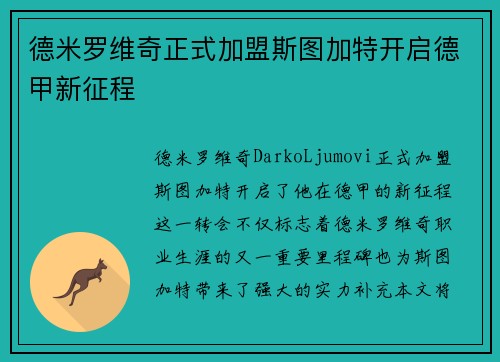 德米罗维奇正式加盟斯图加特开启德甲新征程